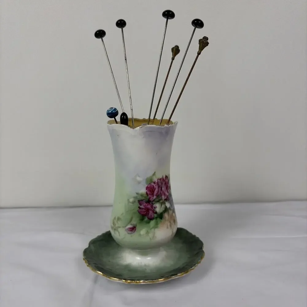 Antique Victorian Hat Pin Holder with Pins Signed TK Circa 1897 Hand Painted